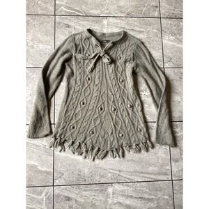Prana Womens Small Gray Cable Knit Wool Blend Fringe Tie Neck Sweater Boho 1226